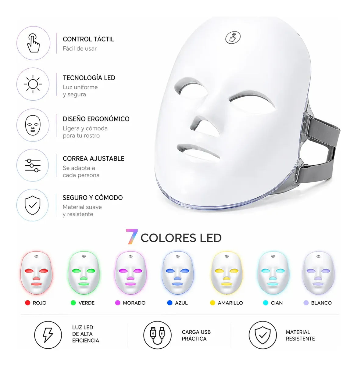 Características máscara LED: control táctil, 7 colores